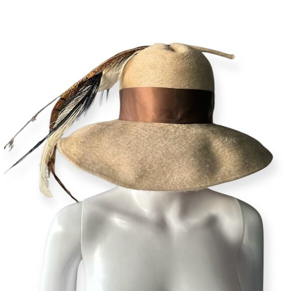 Vintage Lesile James Feathered Hat Wide Brim Wool Avant Garde Statement Piece - Picture 9 of 9